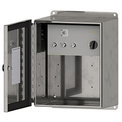 A render of a CTC TSB4000 stainless steel, modular switch box shown with cover unlatched.